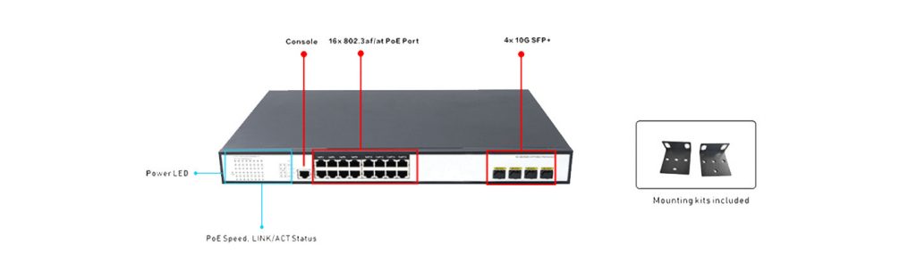 16 Ports 10/100/1000Mbps Managed PoE Switch with 4 Ports 10G SFP+ HX316GPM--4SFP+ - Managed Gigabit PoE Switch With 10G SFP+ Uplink - 10