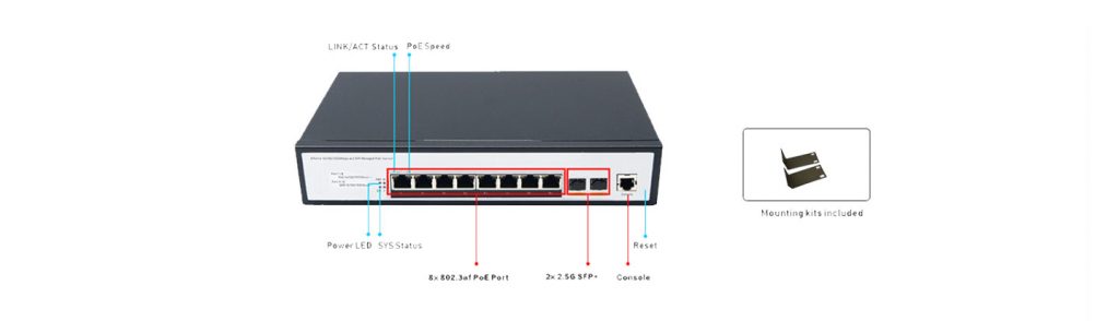 8 Ports 10/100/1000Mbps Managed PoE Switch with 2 Ports 2.5G  SFP+ HX308GPM-225SFP+ - Managed Gigabit PoE Switch with 2.5G SFP+ Uplink - 10