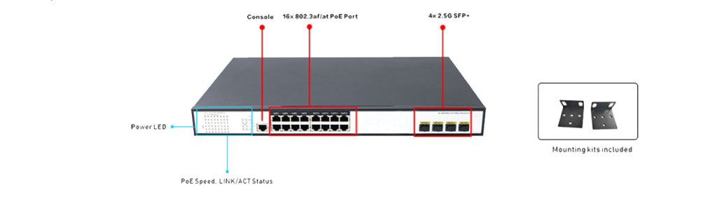 16 Ports 10/100/1000Mbps Managed PoE Switch with 4 Ports 2.5G SFP+ HX316GPM--425SFP+ - Managed Gigabit PoE Switch with 2.5G SFP+ Uplink - 10